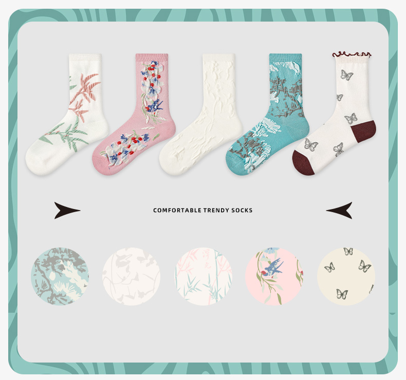 LL Socks Women Crew Socks Butterflies in Bamboo Grove Plant Embroidered Embossed Socks 5 Pairs