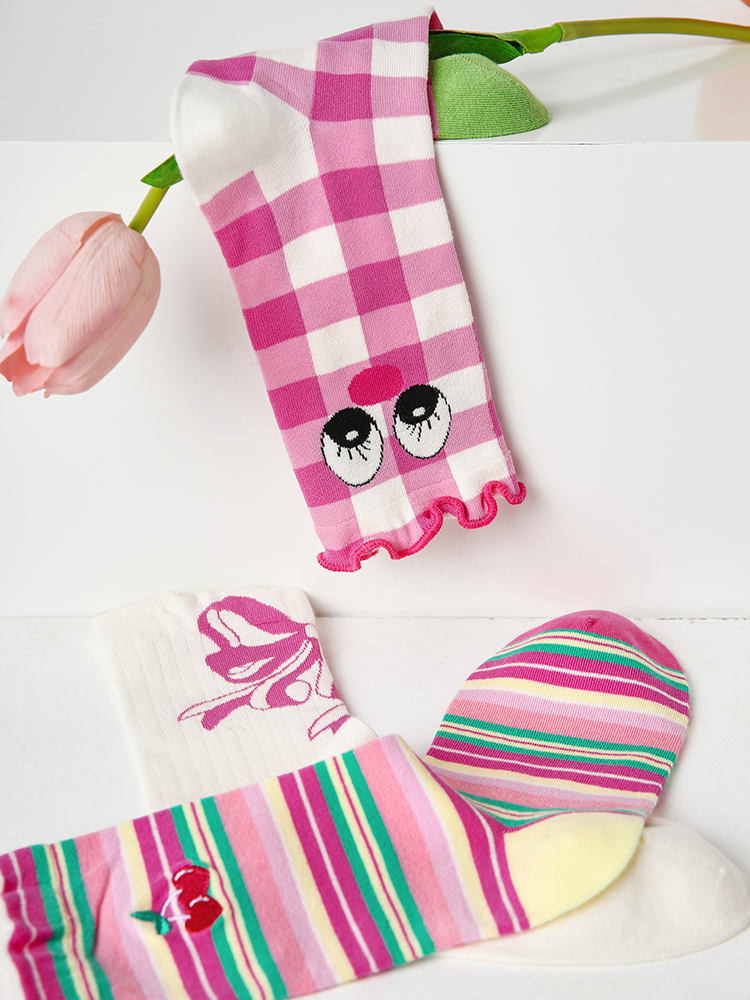 LL Socks Women Crew Socks Cherry Sweet Beans Ruffle Turn-Cuff Polka Dot Socks 5 Pairs