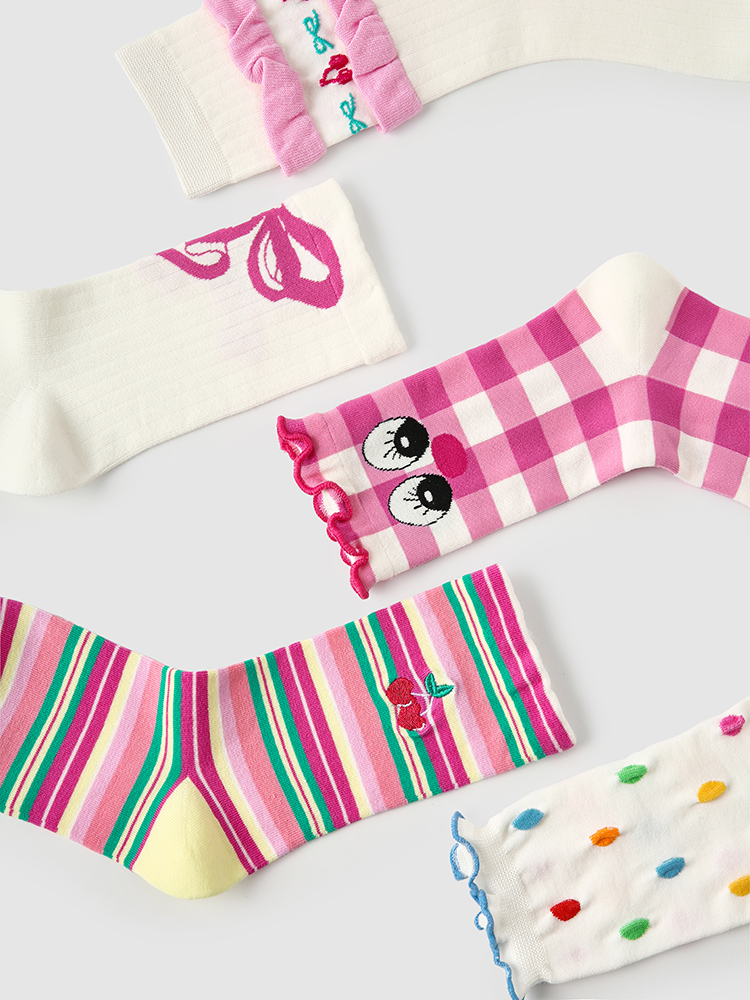 LL Socks Women Crew Socks Cherry Sweet Beans Ruffle Turn-Cuff Polka Dot Socks 5 Pairs