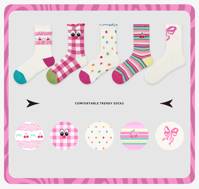 LL Socks Women Crew Socks Cherry Sweet Beans Ruffle Turn-Cuff Polka Dot Socks 5 Pairs