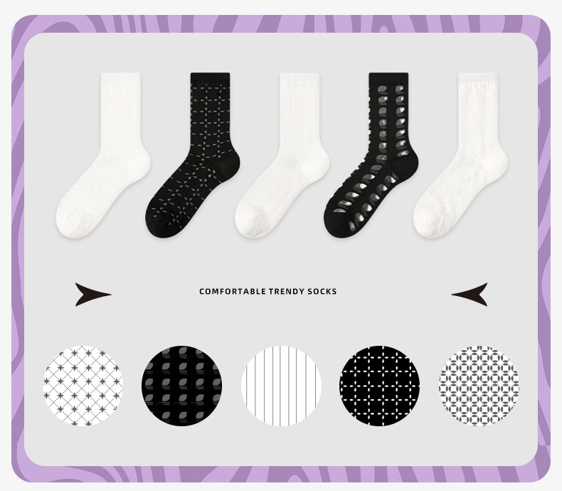 LL Socks Women Crew Socks Either Black or White Geometry Stripes Best Girlfriend Socks 5 Pairs