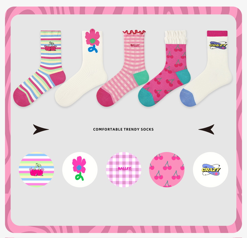 LL Socks Women Crew Socks Flower Among Small Fruits Floral Pattern Plaid Socks 5 Pairs