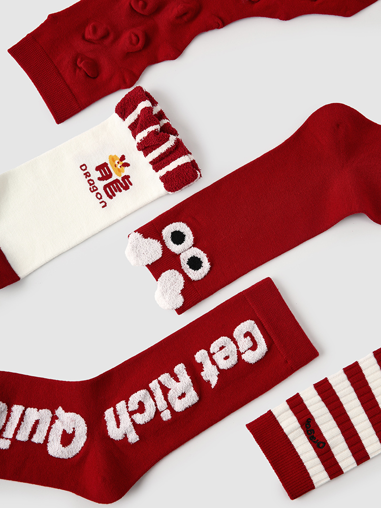 LL Socks Women Crew Socks Happy Dragon Red Animal Socks 5 Pairs