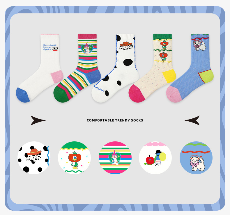 LL Socks Women Crew Socks Happy Notes Cute Cartoon Stripes Socks 5 Pairs