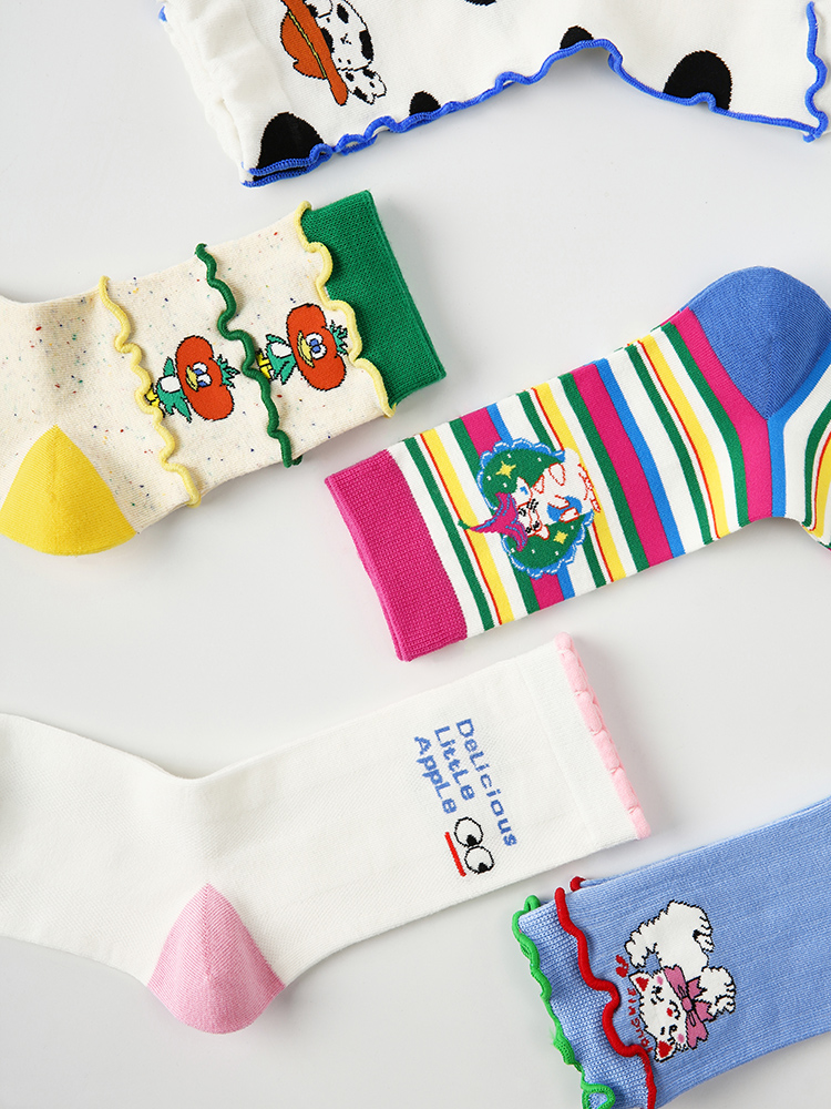 LL Socks Women Crew Socks Happy Notes Cute Cartoon Stripes Socks 5 Pairs