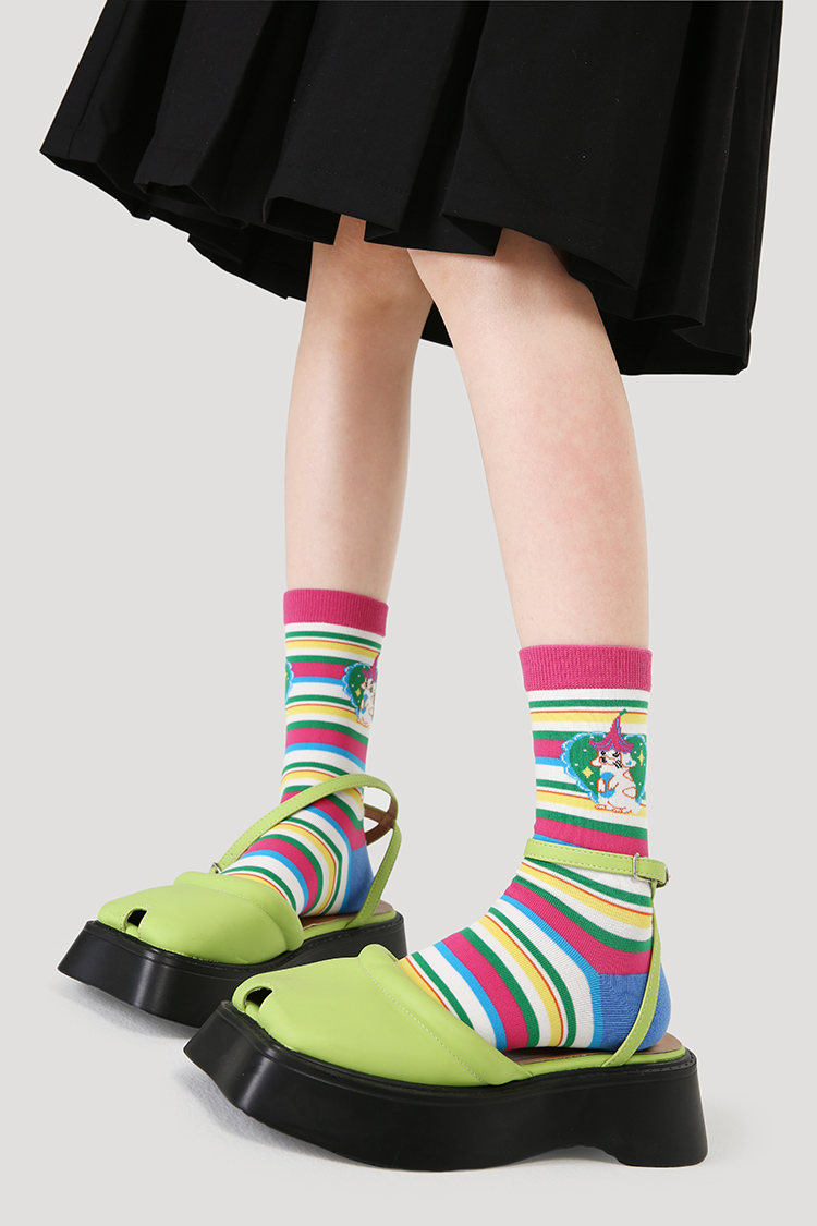LL Socks Women Crew Socks Happy Notes Cute Cartoon Stripes Socks 5 Pairs