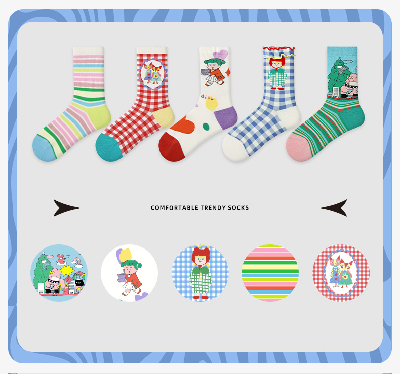 LL Socks Women Crew Socks Life Tunes Character Scene Plaid Socks 5 Pairs