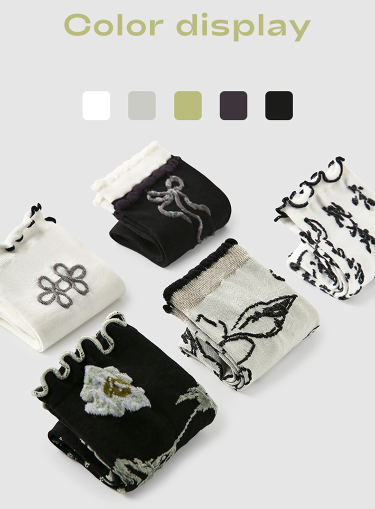 LL Socks Women Crew Socks Listen the Wind Chimes Black Floral Pattern Socks 5 Pairs