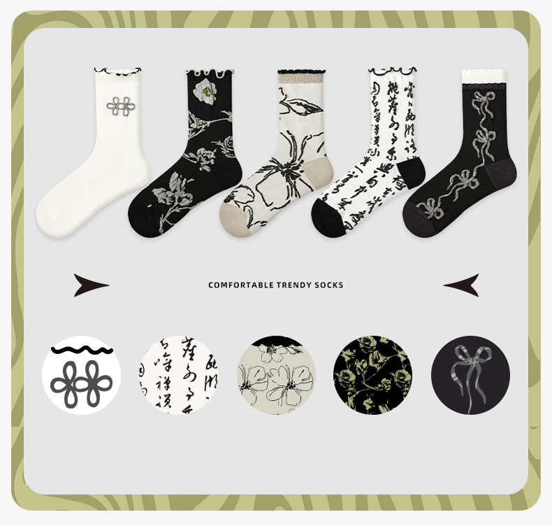 LL Socks Women Crew Socks Listen the Wind Chimes Black Floral Pattern Socks 5 Pairs