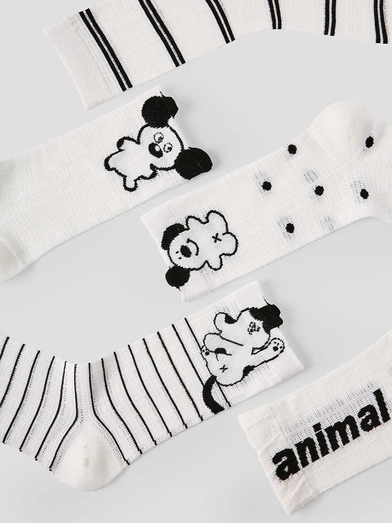 LL Socks Women Crew Socks Monochrome Story Cartoon Animal Stripes Socks 5 Pairs