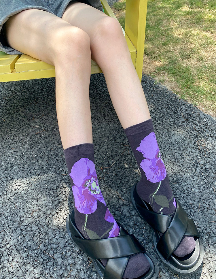 LL Socks Women Crew Socks Moon Shadow Embossed Flower Socks 3 Pairs