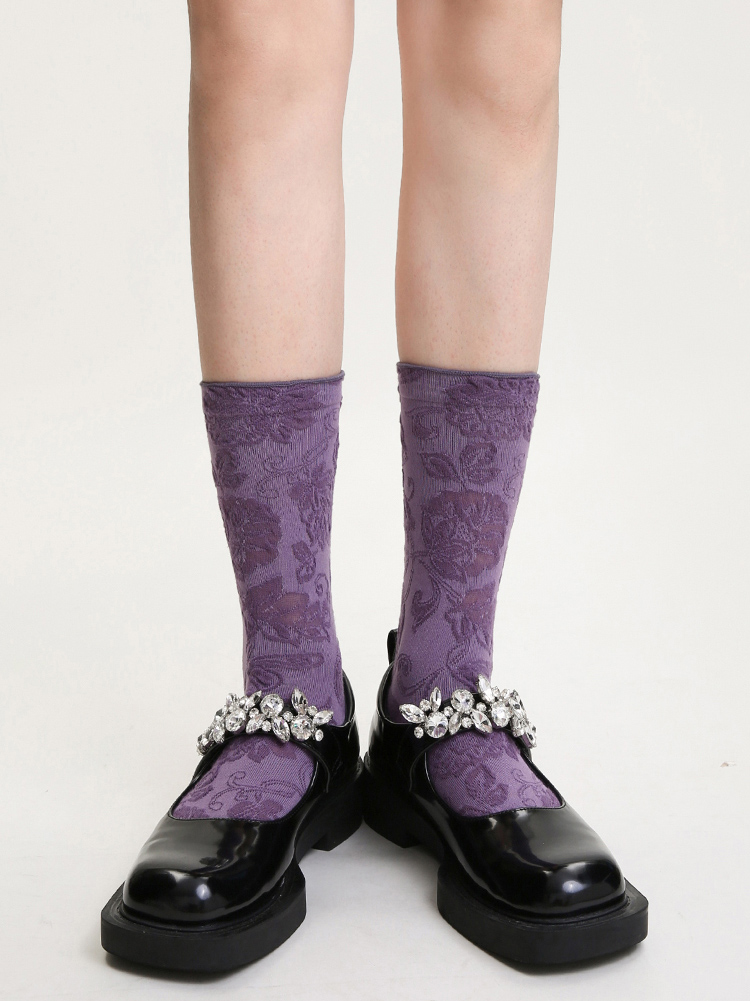 LL Socks Women Crew Socks Moon Shadow Embossed Flower Socks 3 Pairs