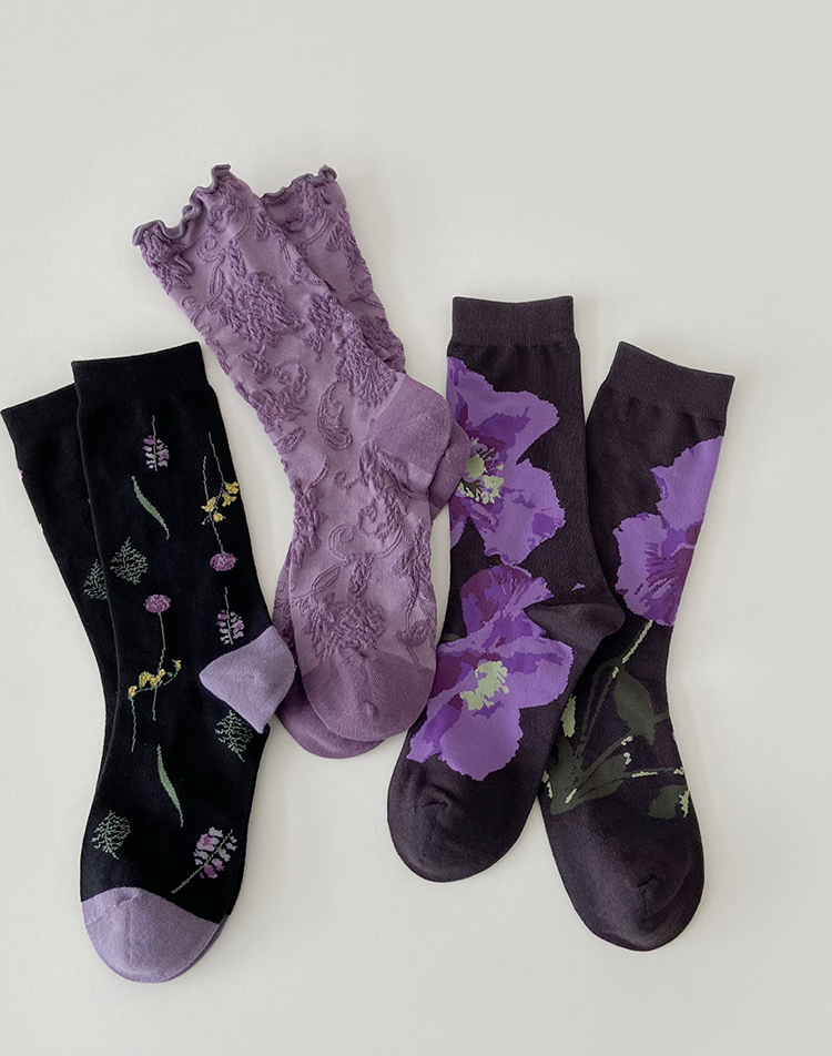LL Socks Women Crew Socks Moon Shadow Embossed Flower Socks 3 Pairs