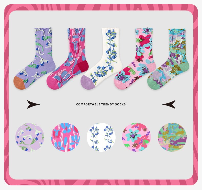 LL Socks Women Crew Socks Morino Gardens Fashion Embossed Flower Socks 5 Pairs