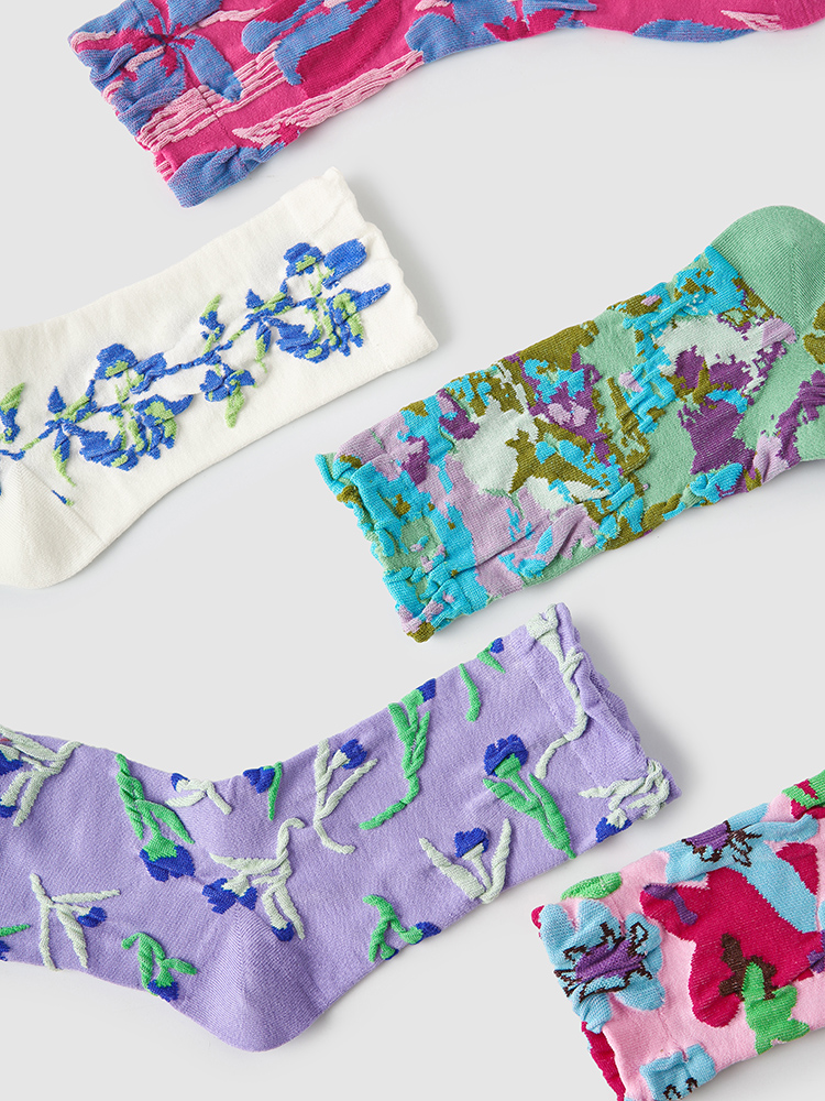LL Socks Women Crew Socks Morino Gardens Fashion Embossed Flower Socks 5 Pairs