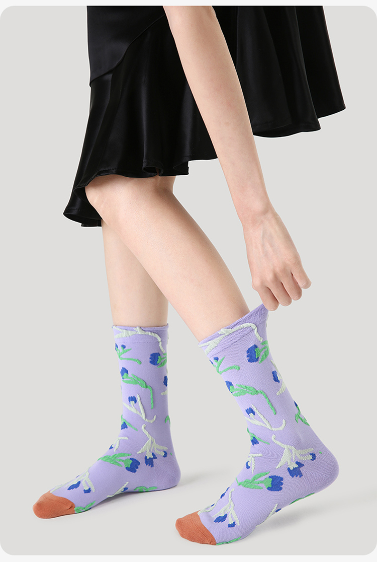 LL Socks Women Crew Socks Morino Gardens Fashion Embossed Flower Socks 5 Pairs