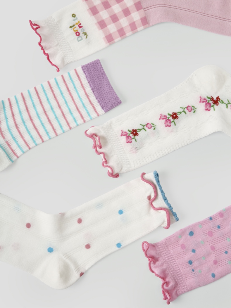 LL Socks Women Crew Socks Pink Dream Floral Pattern Stripes Dots happy style Socks 5 Pairs