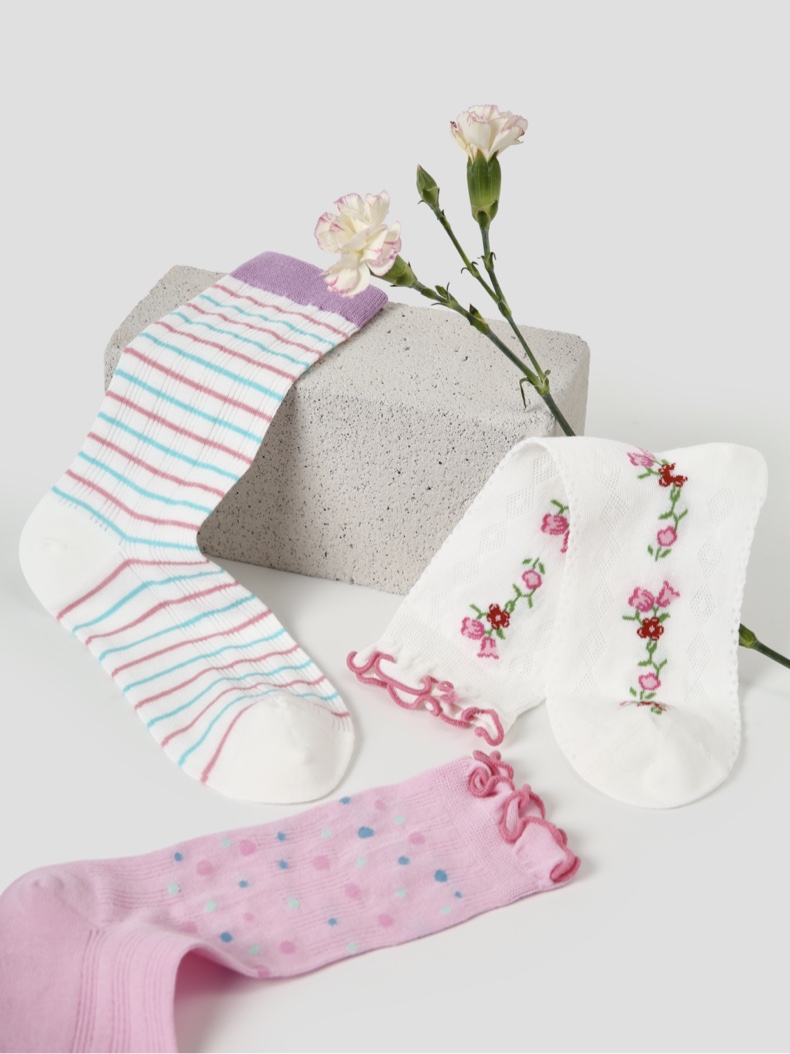 LL Socks Women Crew Socks Pink Dream Floral Pattern Stripes Dots happy style Socks 5 Pairs