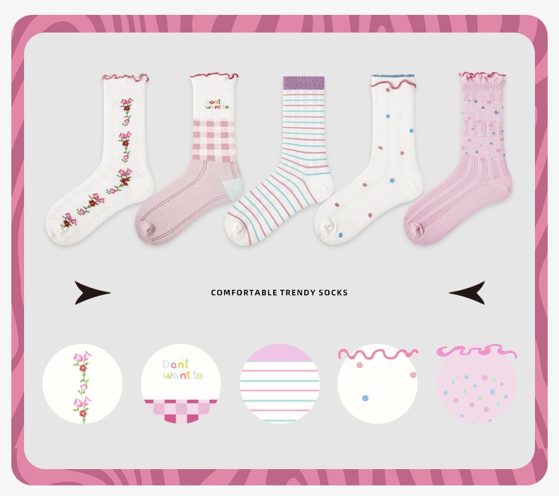 LL Socks Women Crew Socks Pink Dream Floral Pattern Stripes Dots happy style Socks 5 Pairs