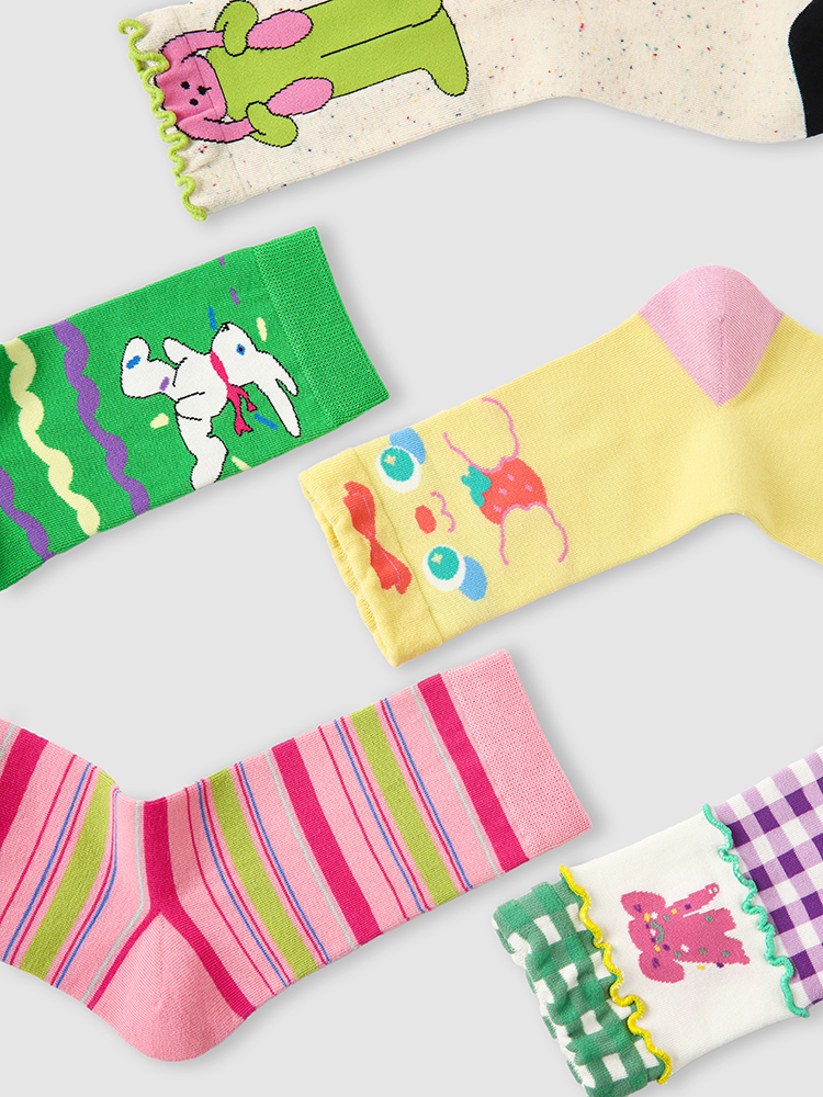LL Socks Women Crew Socks Playful Bunny Colorful Animal Plaid Socks 5 Pairs