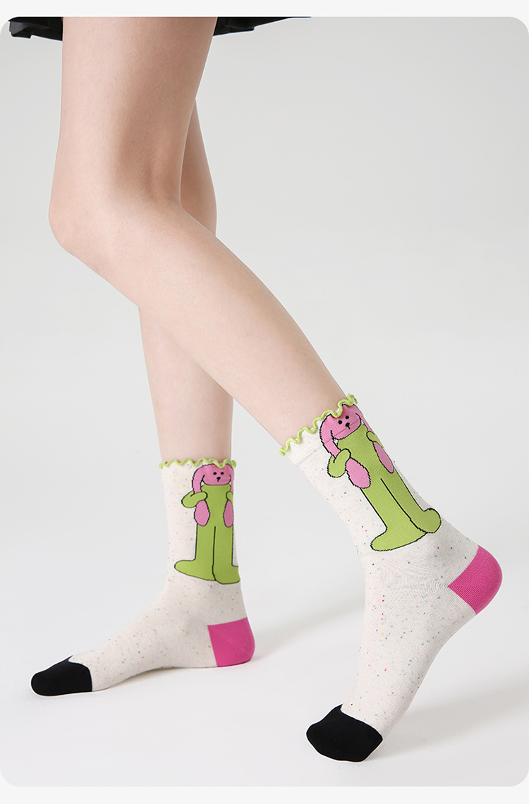 LL Socks Women Crew Socks Playful Bunny Colorful Animal Plaid Socks 5 Pairs