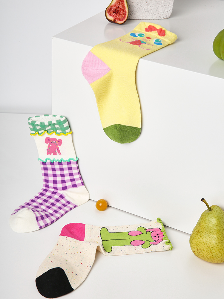 LL Socks Women Crew Socks Playful Bunny Colorful Animal Plaid Socks 5 Pairs