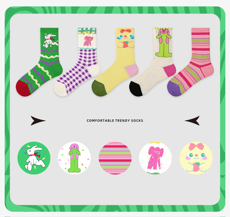 LL Socks Women Crew Socks Playful Bunny Colorful Animal Plaid Socks 5 Pairs