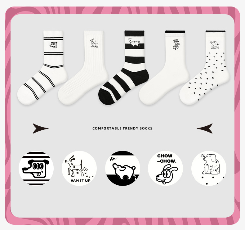 LL Socks Women Crew Socks Puppy Diary Animal Stripes Polka Dot Socks 5 Pairs