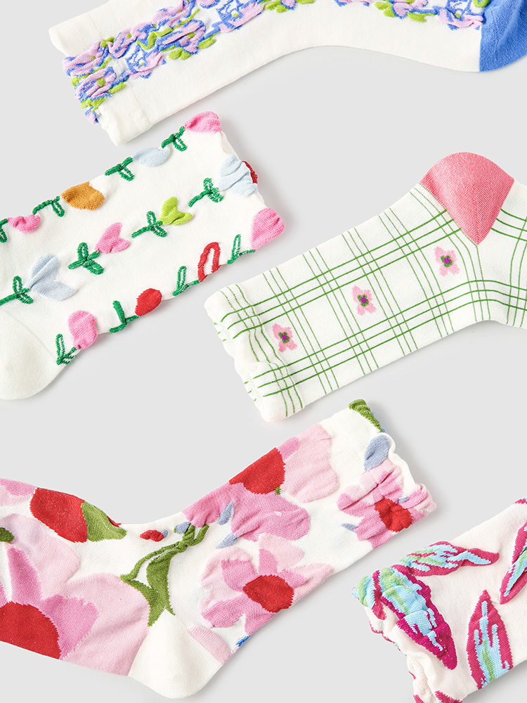 LL Socks Women Crew Socks Summer Flower Season Embossed Flower Socks 5 Pairs