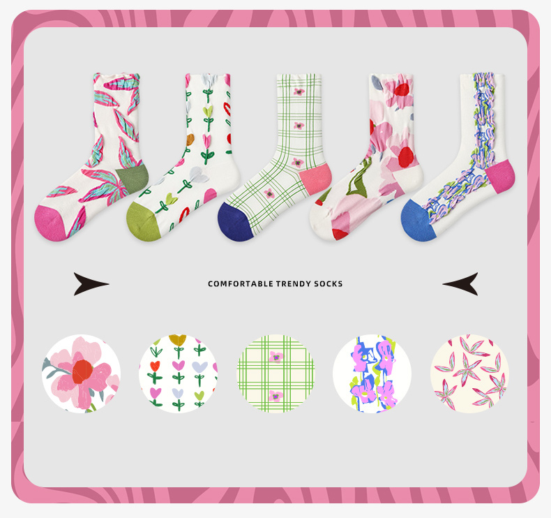LL Socks Women Crew Socks Summer Flower Season Embossed Flower Socks 5 Pairs