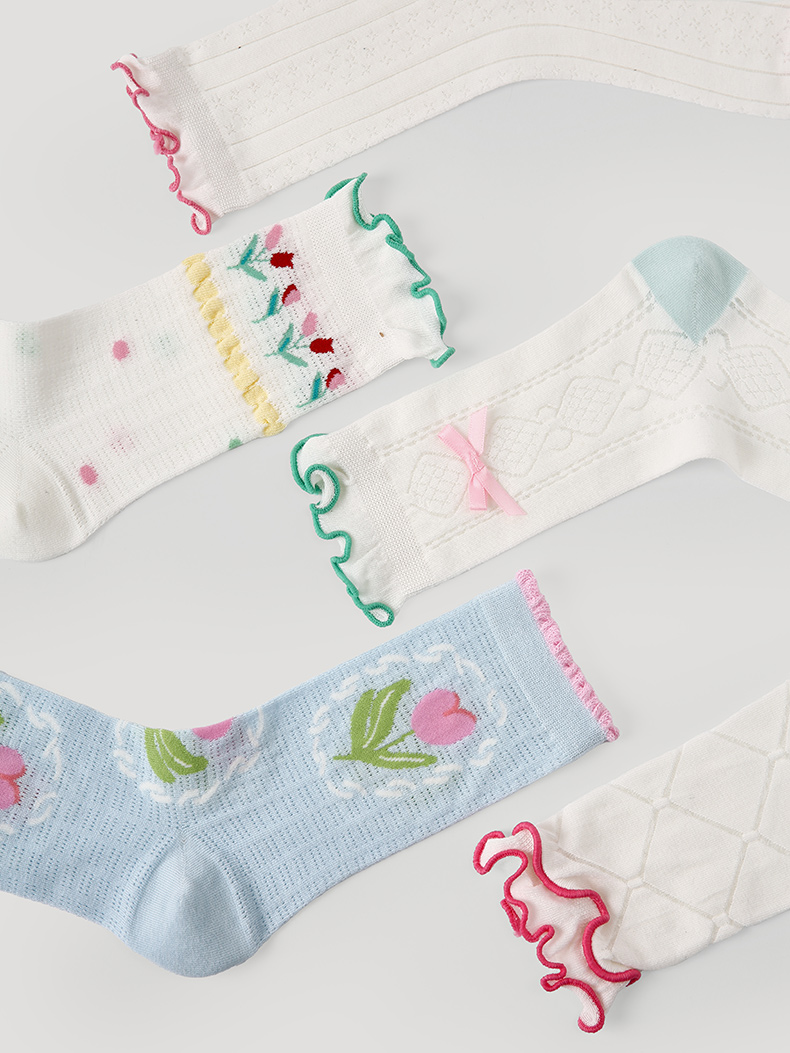 LL Socks Women Crew Socks Sweet Peach Well Printed Floral Pattern Hollow Socks 5 Pairs