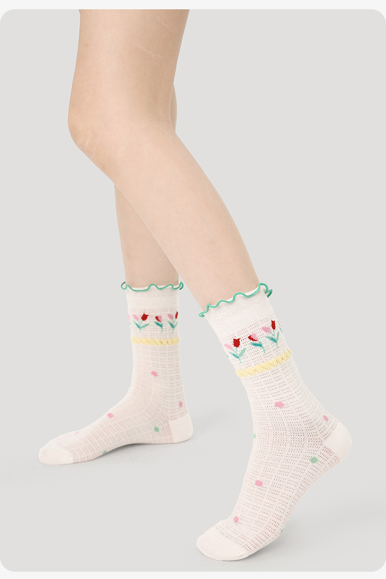 LL Socks Women Crew Socks Sweet Peach Well Printed Floral Pattern Hollow Socks 5 Pairs