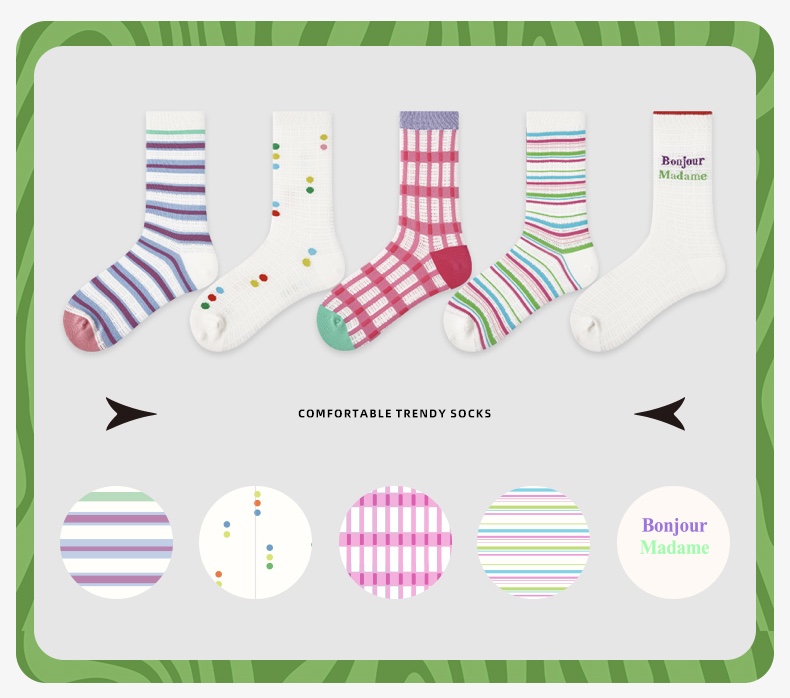 LL Socks Women Crew Socks Time Speaks Not Creative Stripes Socks Polka Dot Socks 5 Pairs