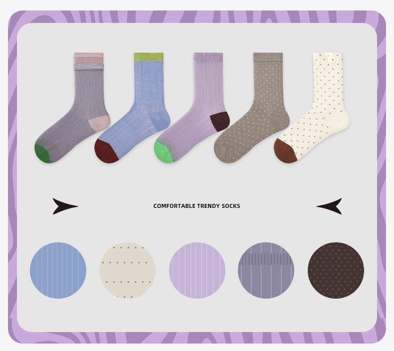 LL Socks Women Crew Socks Twilight Brewing the Moon Retro Stripes Polka Dot Socks 5 Pairs