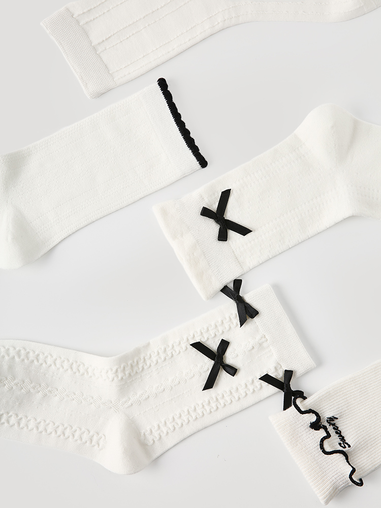 LL Socks Women Crew Socks White Bow Tie Best Girlfriend Socks 5 Pairs