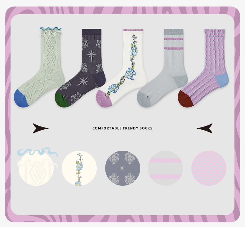 LL Socks Women Crew Socks Yun Hu Not Like Retro Embossed Flower Socks 5 Pairs