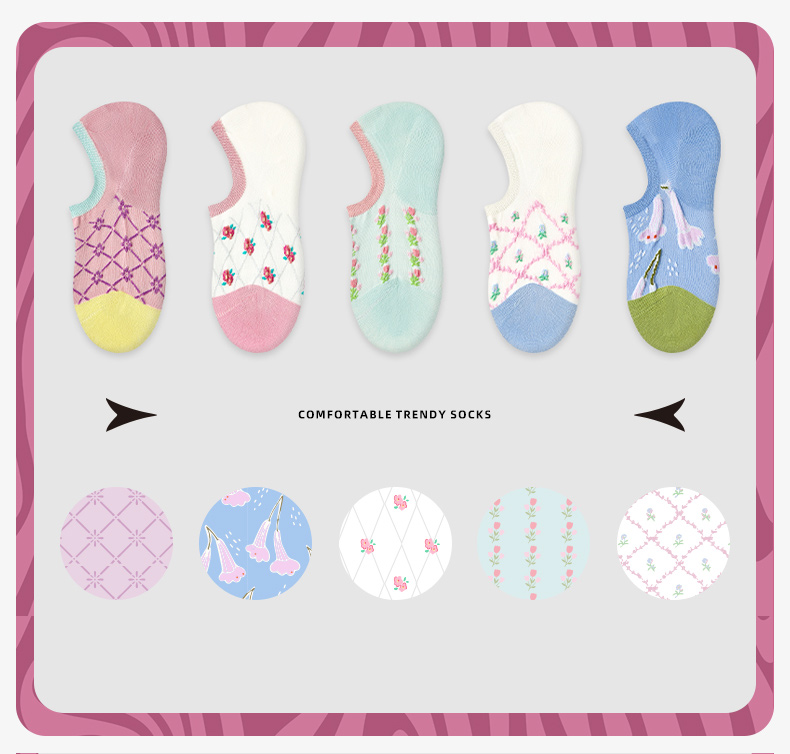 LL Socks Women Low Rise Socks Rose Manor Retro Embossed Flower Socks 5 Pairs
