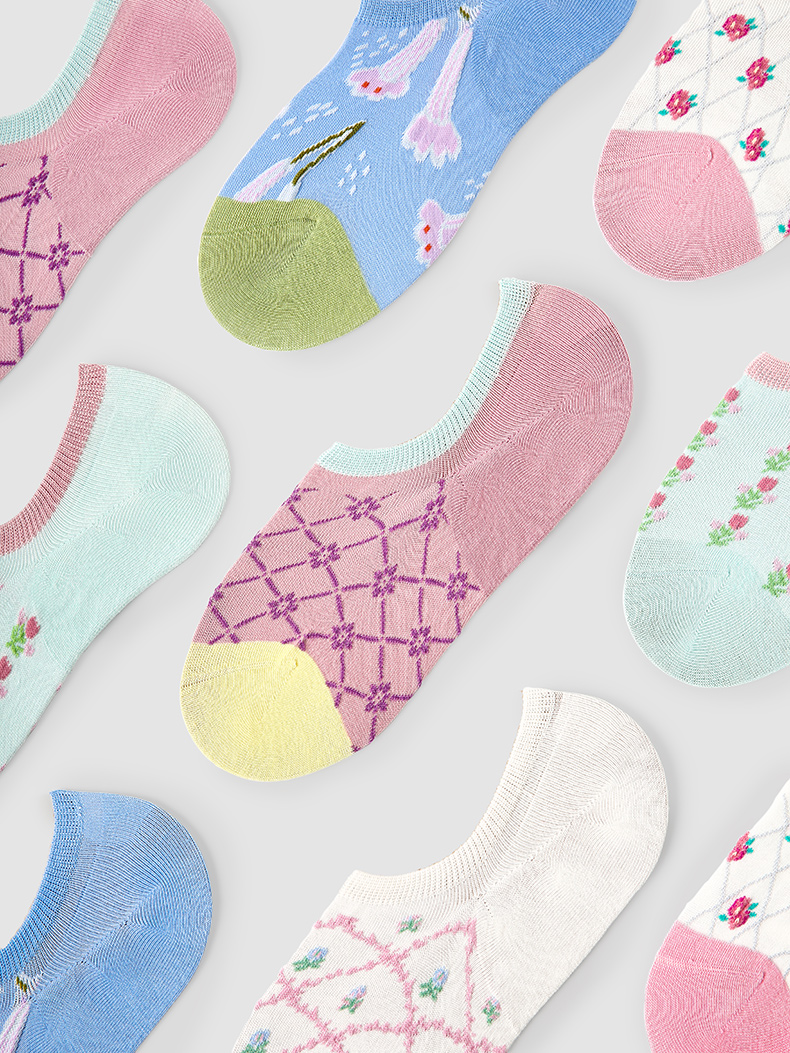 LL Socks Women Low Rise Socks Rose Manor Retro Embossed Flower Socks 5 Pairs