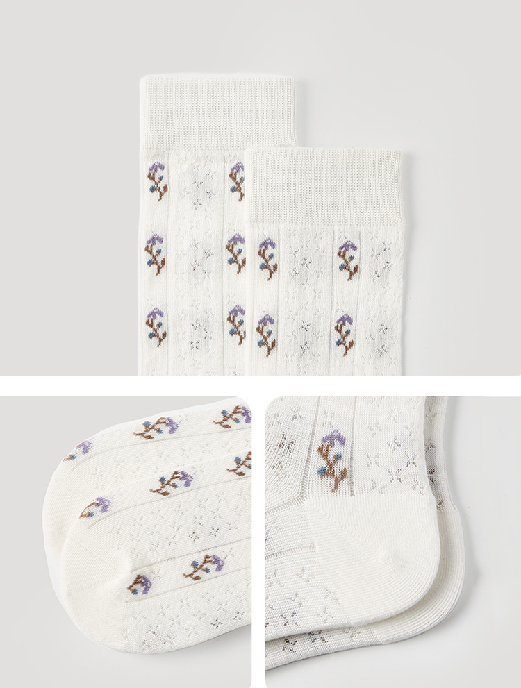 LL Socks Women White Knee High Socks A Bundle of Nightshade Floral Pattern Socks 1 Pairs