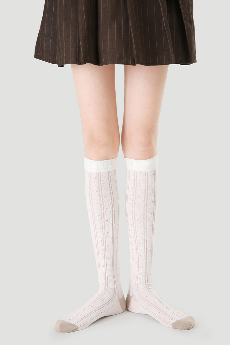 LL Socks Women White Knee High Socks Autumn Twilight Solid Color Dots Socks 1 Pairs