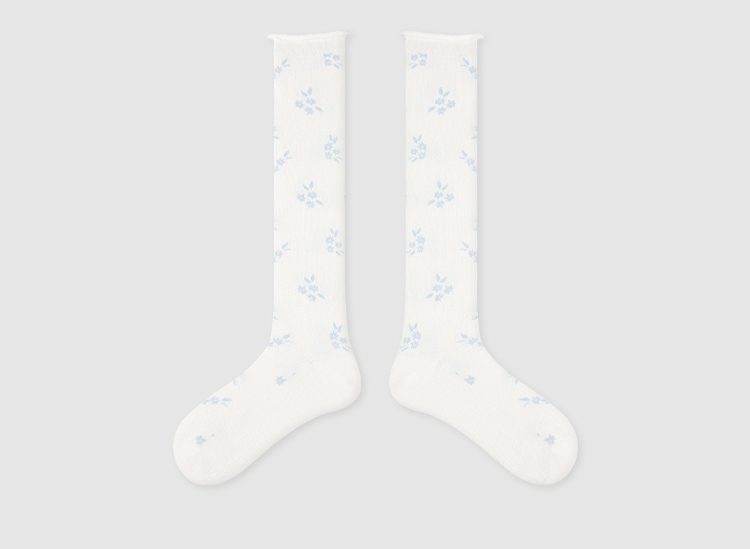 LL Socks Women White Knee High Socks Clustered Blossoms White Floral Pattern Socks 1 Pairs