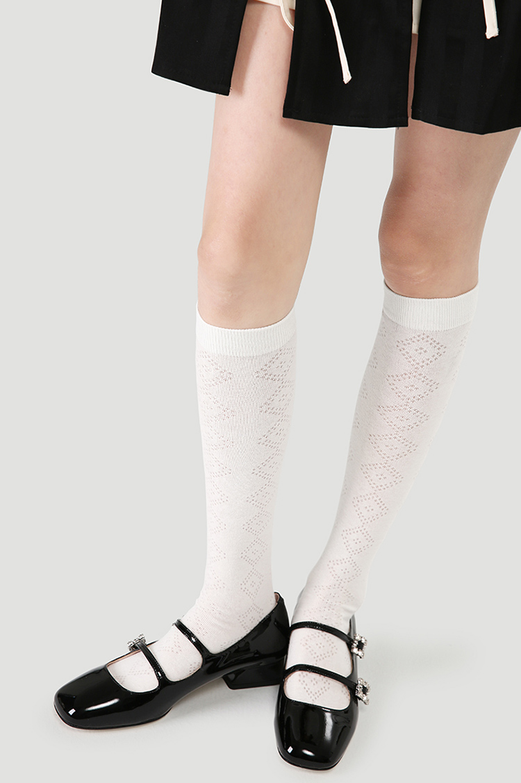 LL Socks Women White Knee High Socks Fleeting Glimpse Solid Color Geometry Socks 1 Pairs