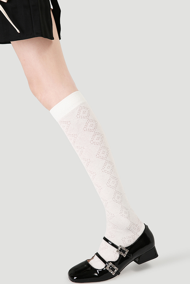LL Socks Women White Knee High Socks Fleeting Glimpse Solid Color Geometry Socks 1 Pairs