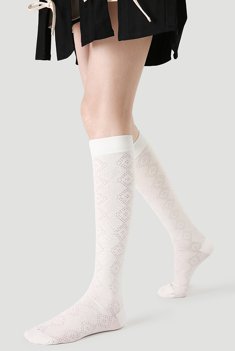 LL Socks Women White Knee High Socks Fleeting Glimpse Solid Color Geometry Socks 1 Pairs