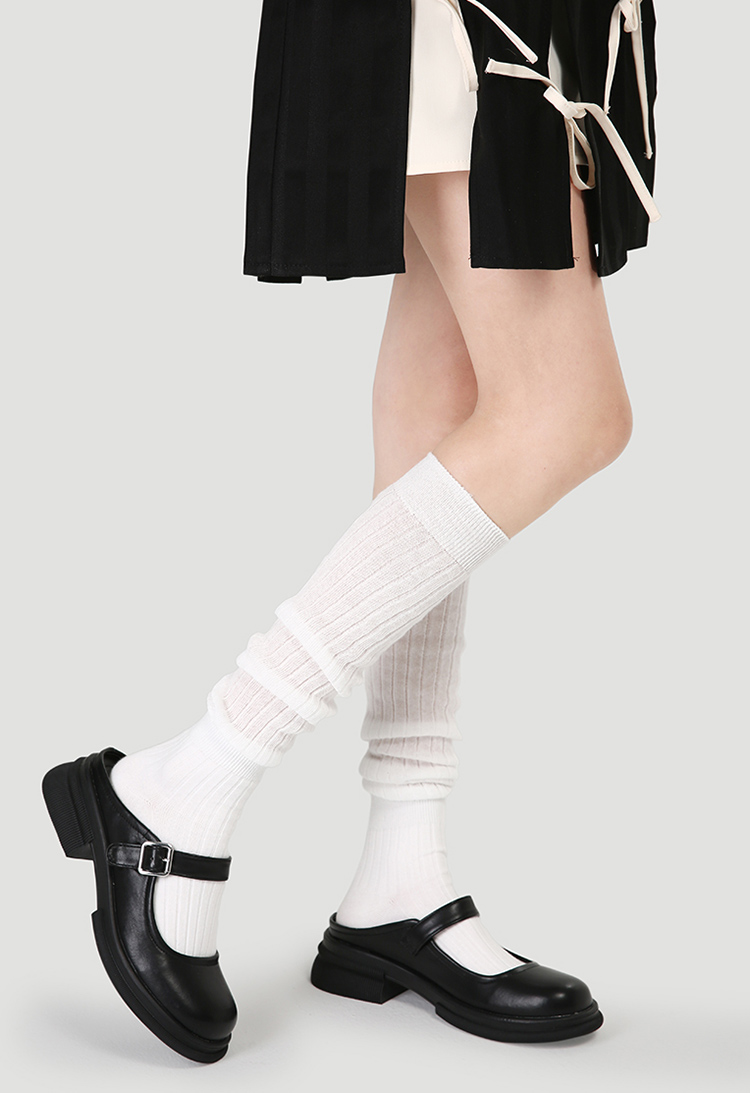 LL Socks Women White Knee High Socks Infinite Isle Solid Color Stripes Socks 1 Pairs