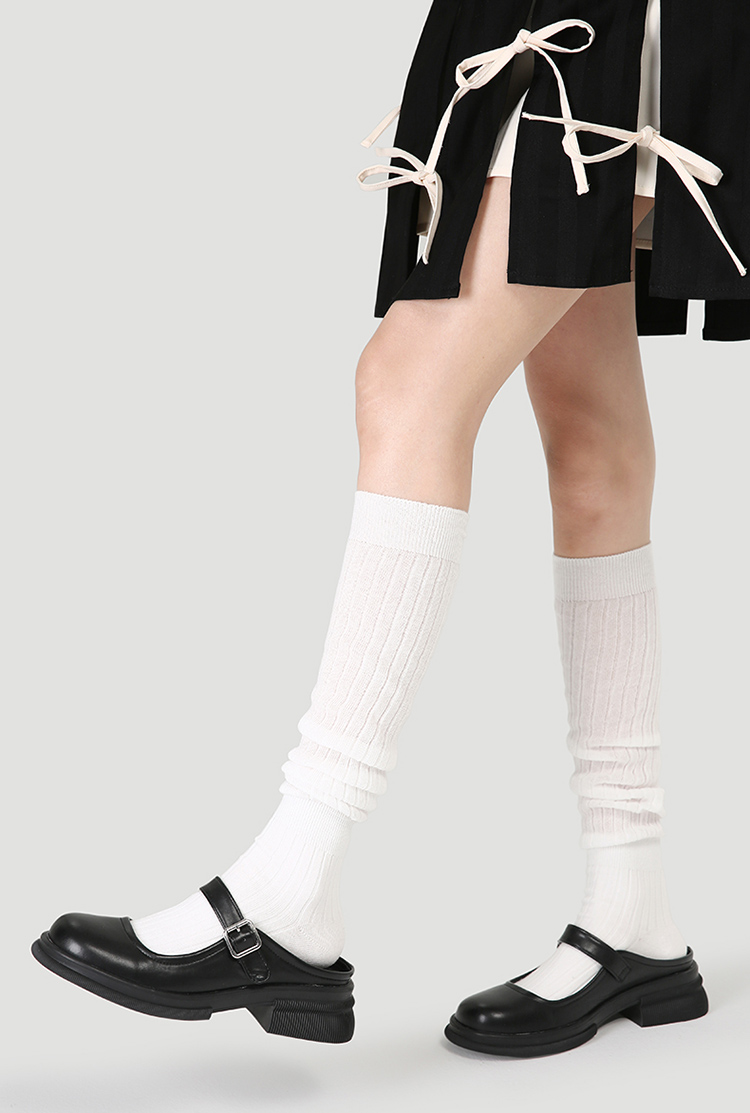 LL Socks Women White Knee High Socks Infinite Isle Solid Color Stripes Socks 1 Pairs