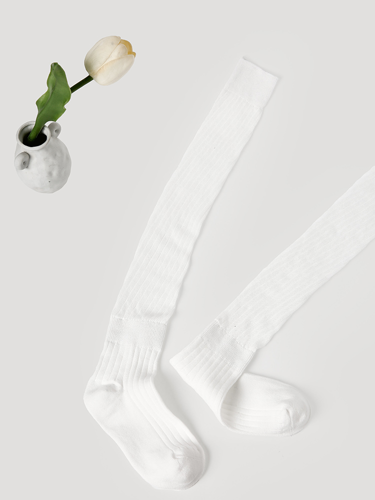 LL Socks Women White Knee High Socks Infinite Isle Solid Color Stripes Socks 1 Pairs