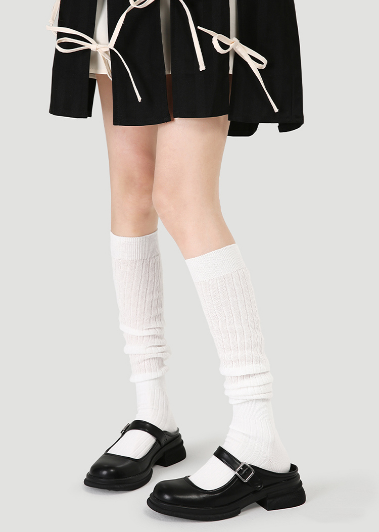 LL Socks Women White Knee High Socks Infinite Isle Solid Color Stripes Socks 1 Pairs