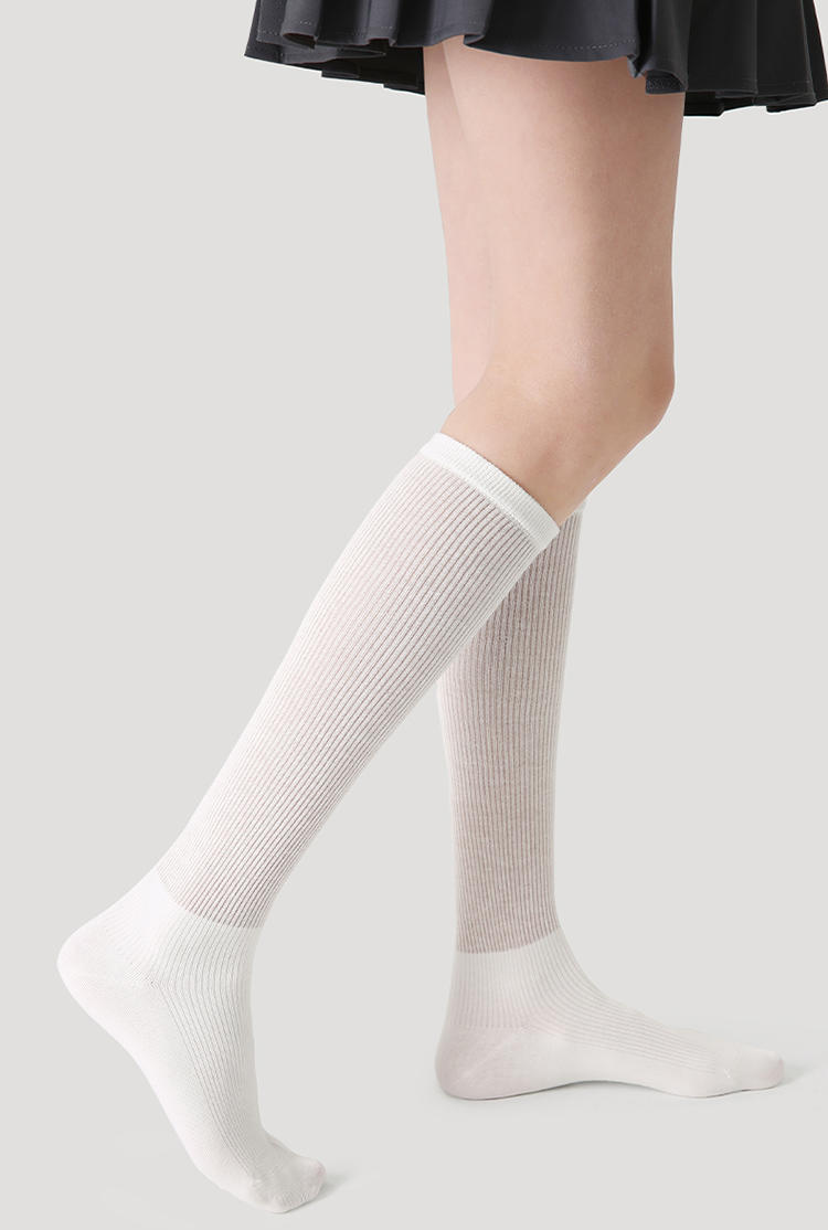 LL Socks Women White Knee High Socks Islands and Clouds Vertical Striped Thin Socks 1 Pairs