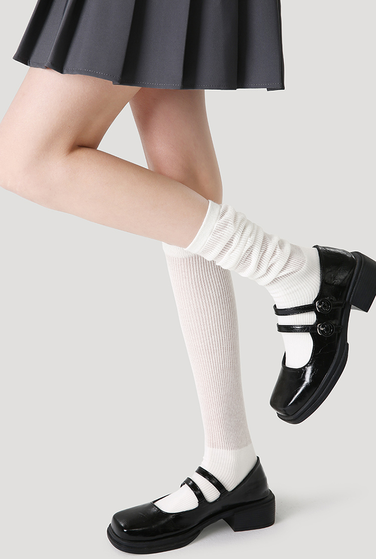 LL Socks Women White Knee High Socks Islands and Clouds Vertical Striped Thin Socks 1 Pairs